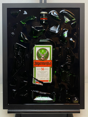 Jägermeister Likeur Broken Bottle Art, Framed Liquor, gebroken flessen kunst, Wall art