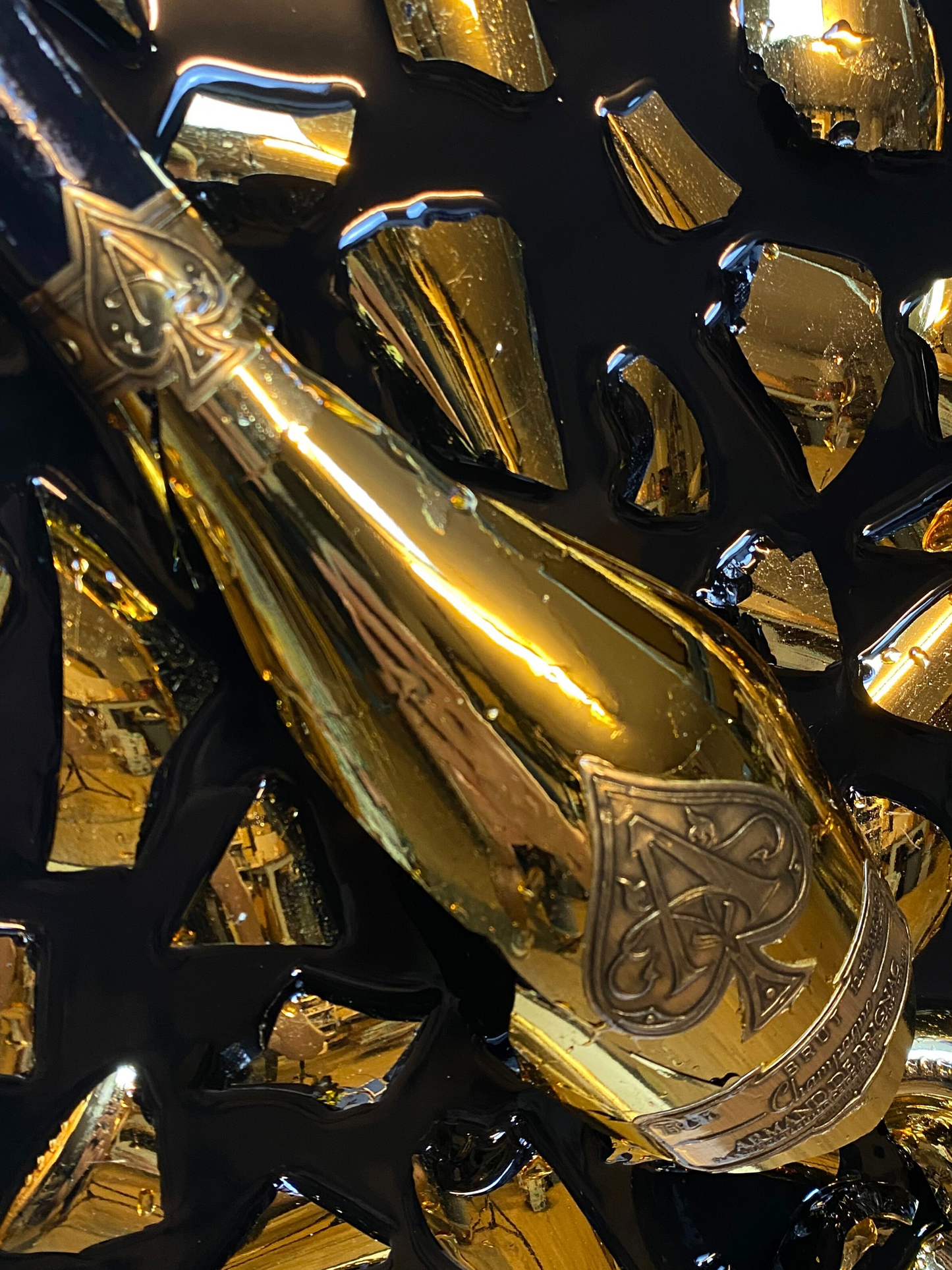 Armand de Brignac Broken Bottle Art, Ace of Spades, Framed Liquor, Schilderij, Smashed Bottle Art, Flessen kunst