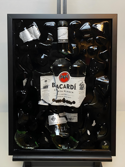 Bacardi Carta Blanca Broken Bottle Art, Framed Liquor, gebroken flessen kunst, Wall Art