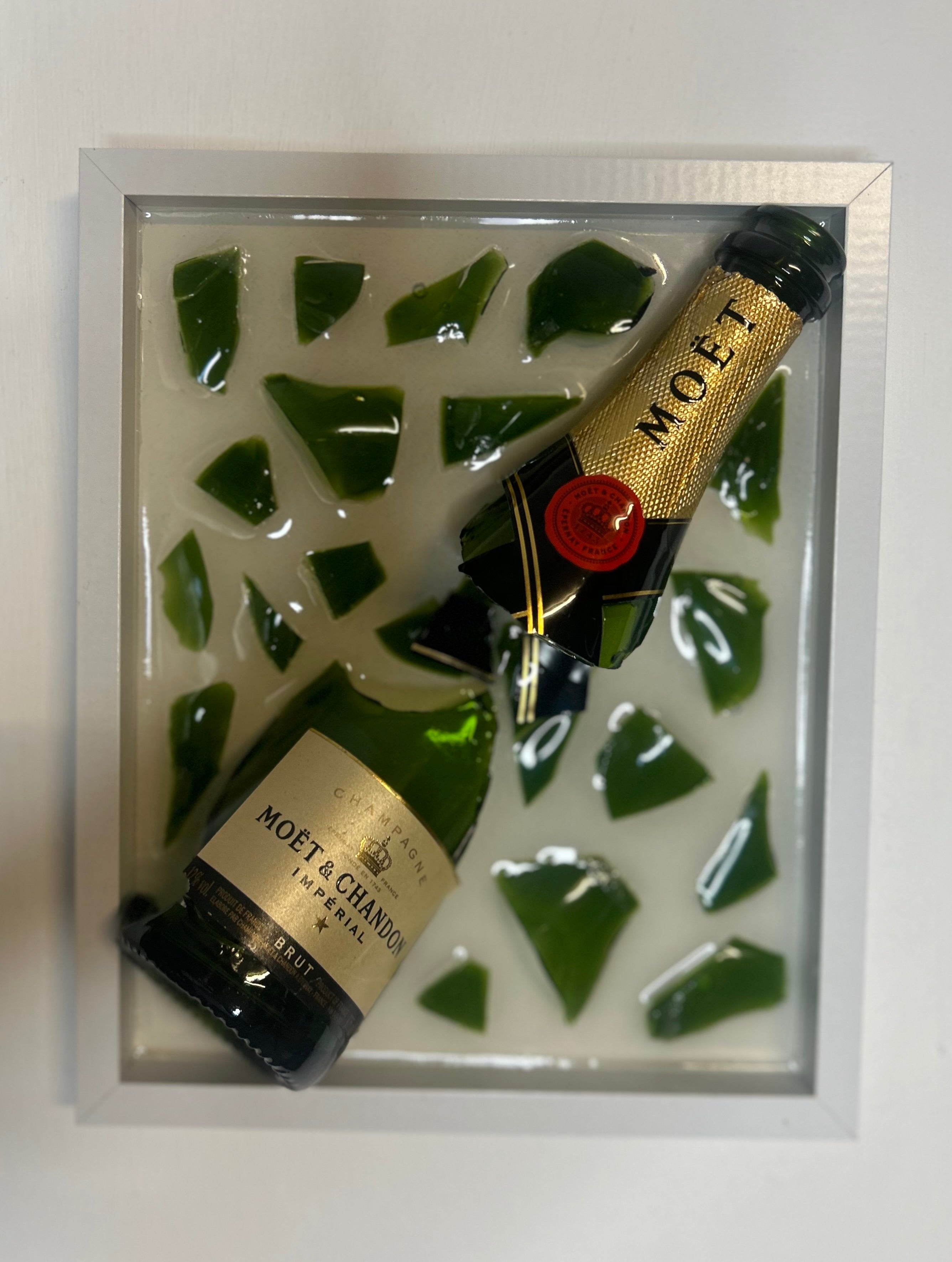 Small White Champagne Broken Bottle Art - Framed Liquor
