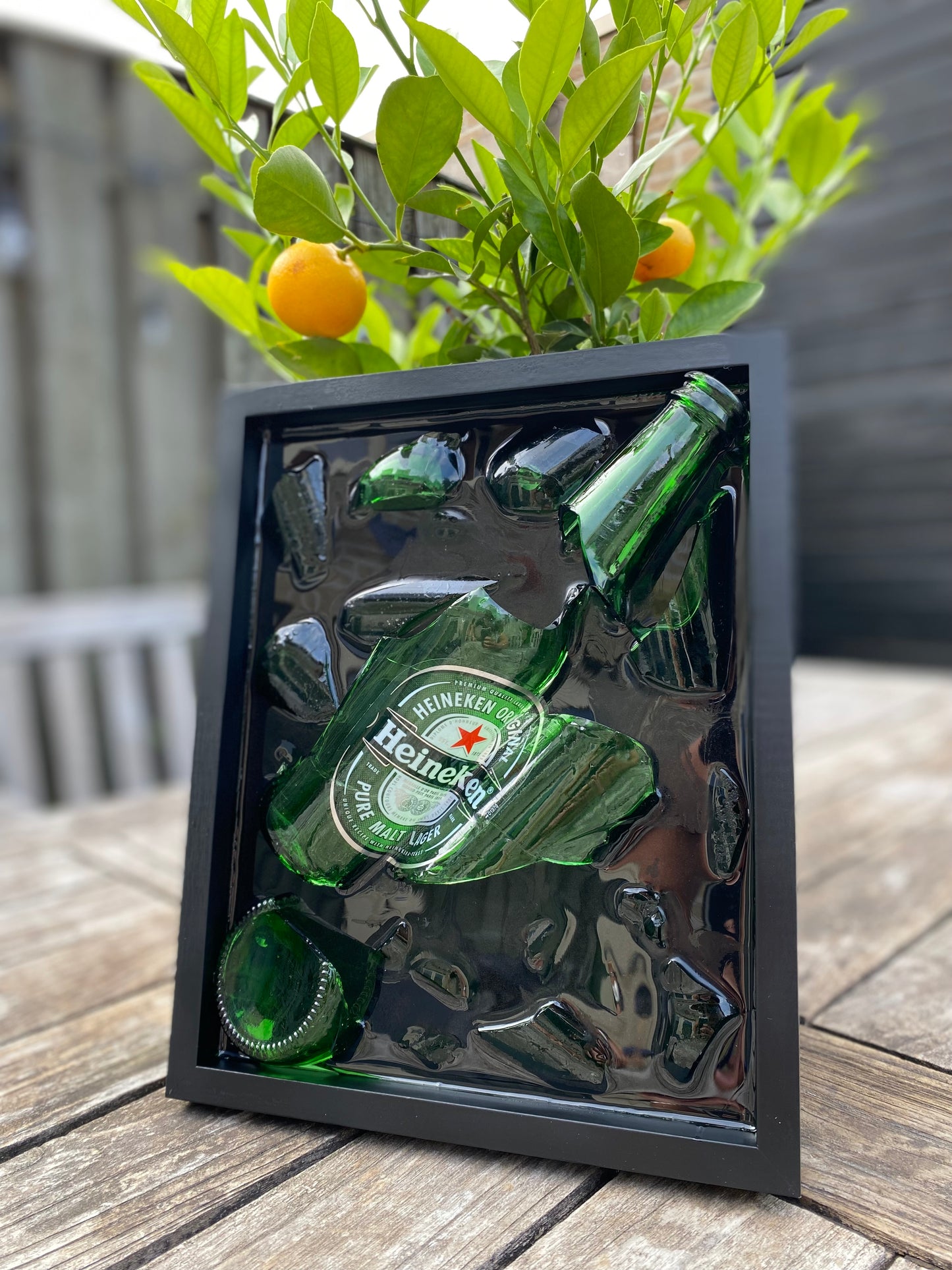 Heineken Beer Broken Bottle Art, Framed Liquor