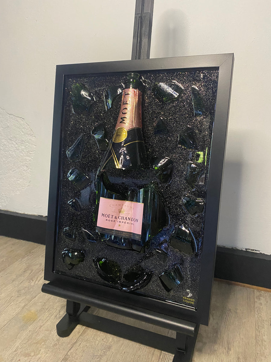 Moët & Chandon Rosé Broken Bottle Art, Framed Liquor, ingelijste drankfles, flessenkunst, muurkunst, schilderij