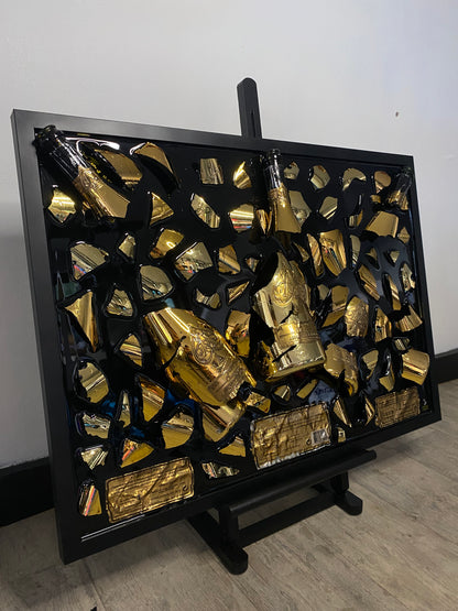 Armand de Brignac Triple Broken Bottle Art, Ace of Spades, Framed Liquor, Schilderij, Smashed Bottle Art, Flessen kunst