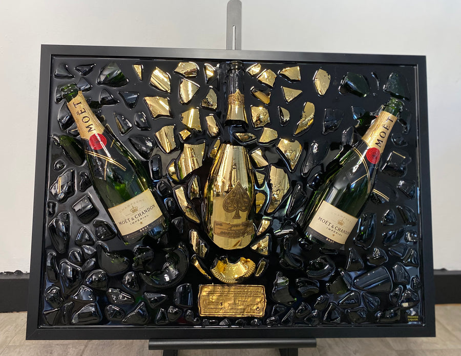 Armand de Brignac & Moët & Chandon Champagne Broken Bottle Art, Ace of Spades, Framed Liquor, Schilderij, Smashed Bottle Art, Flessen kunst