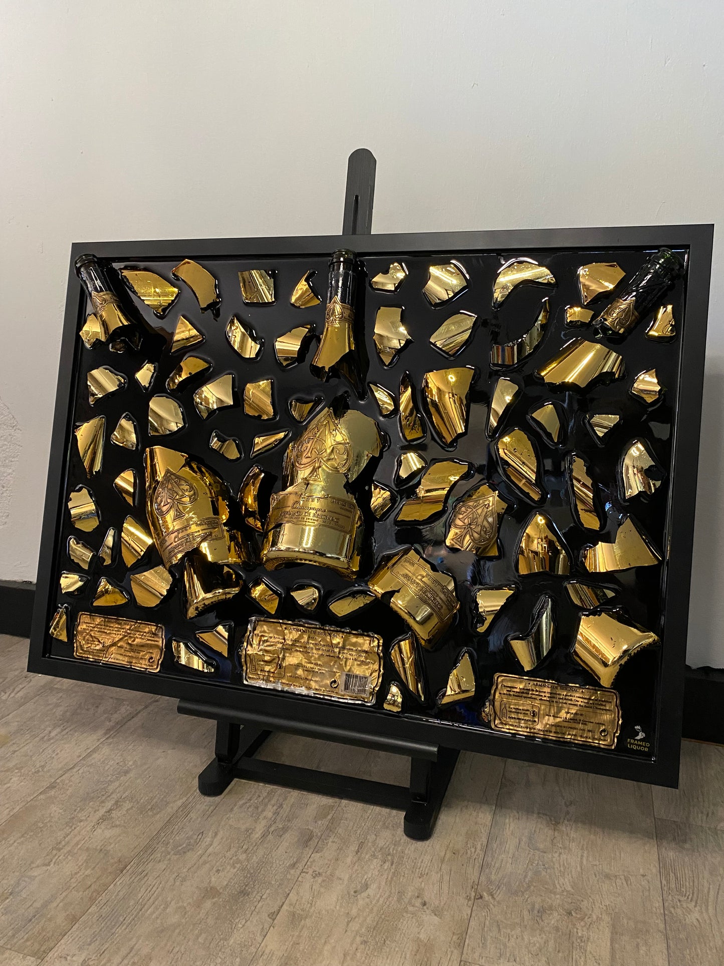 Armand de Brignac Triple Broken Bottle Art, Ace of Spades, Framed Liquor, Schilderij, Smashed Bottle Art, Flessen kunst